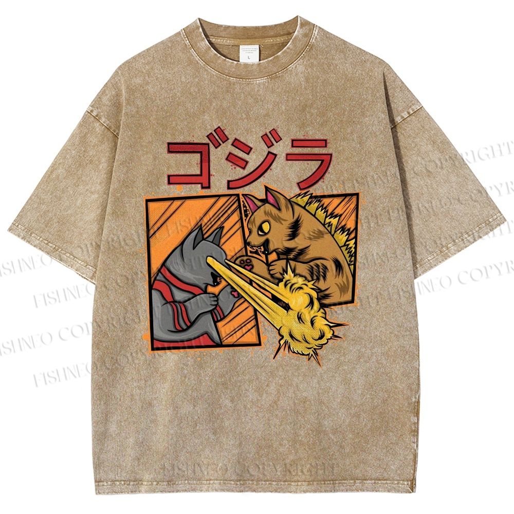 Unisex Angry Cat Printed Washed Tee