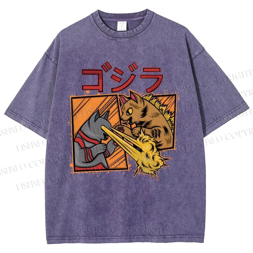 Unisex Angry Cat Printed Washed Tee