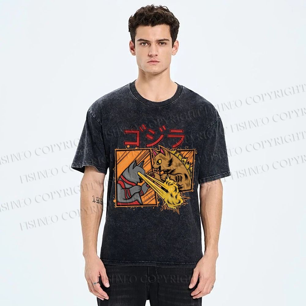 Unisex Angry Cat Printed Washed Tee