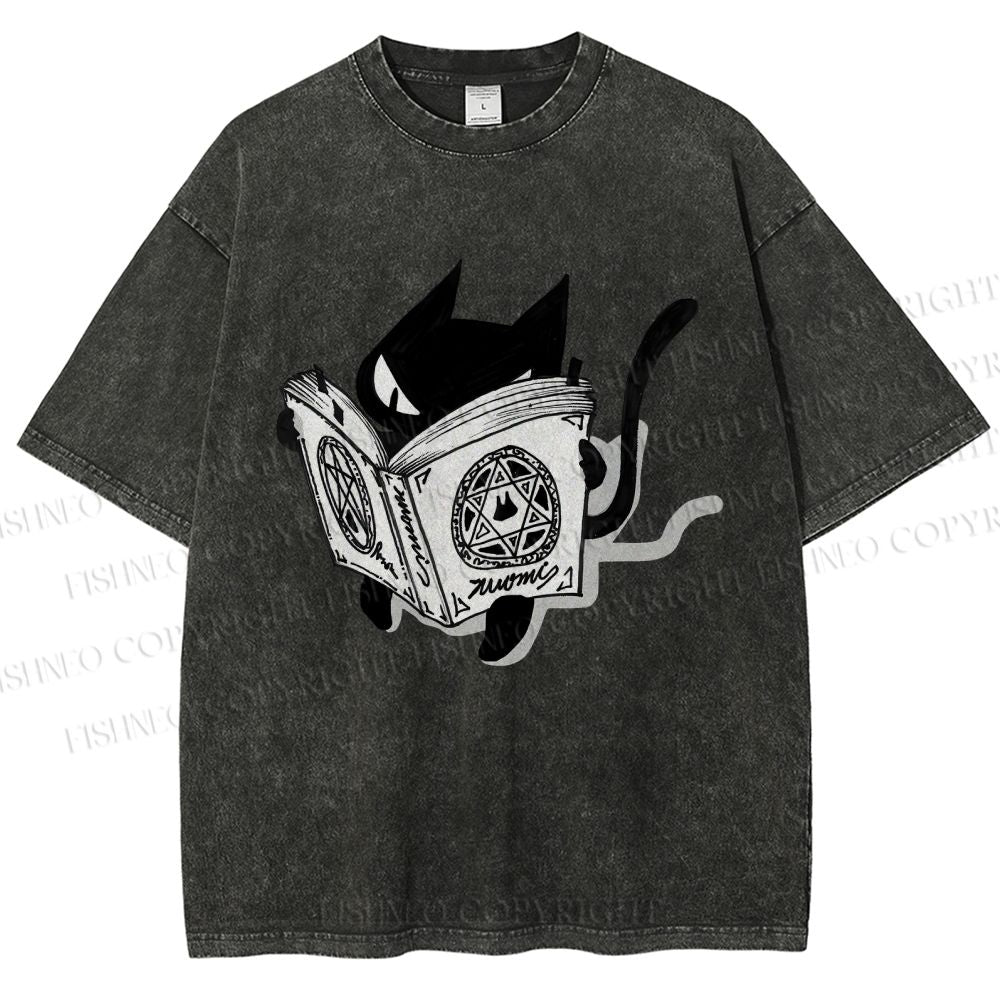 Unisex Reading Cat Printed Washed Tee