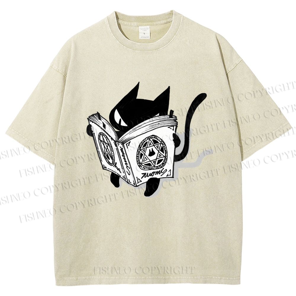 Unisex Reading Cat Printed Washed Tee