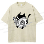 Unisex Reading Cat Printed Washed Tee