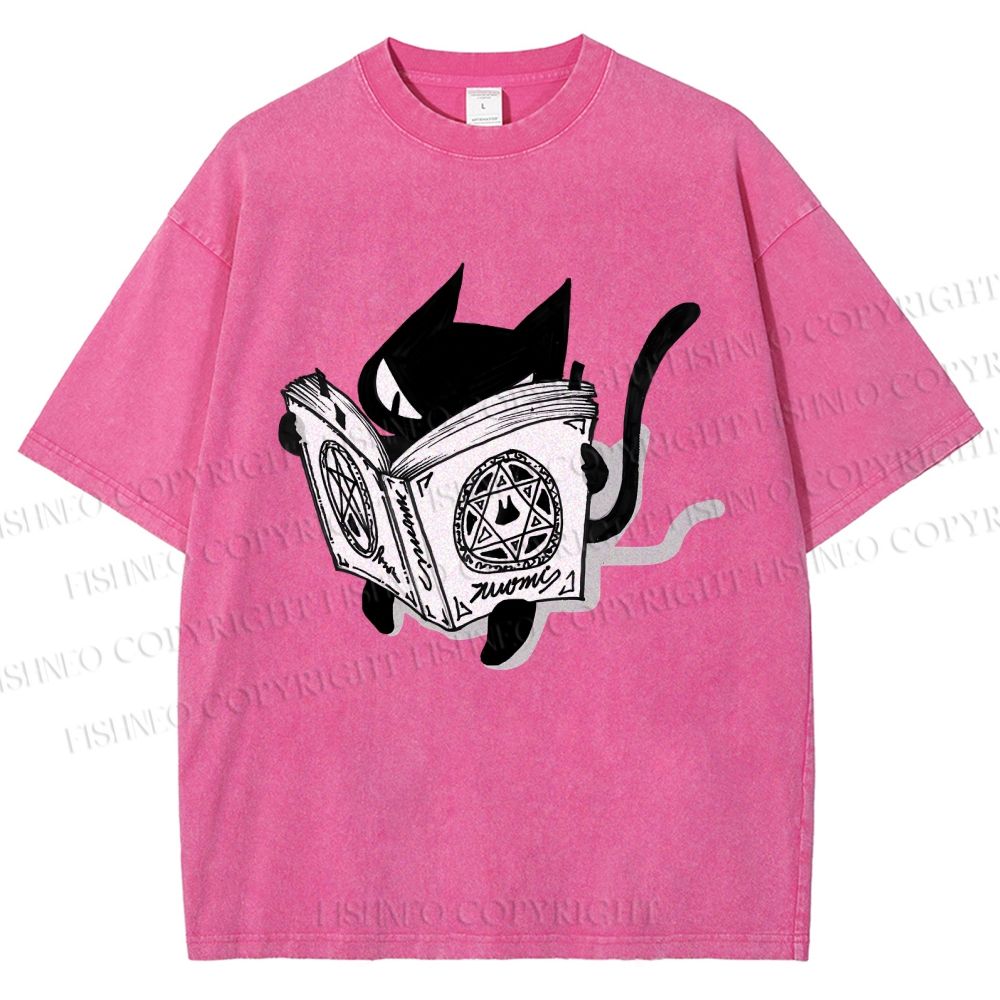Unisex Reading Cat Printed Washed Tee