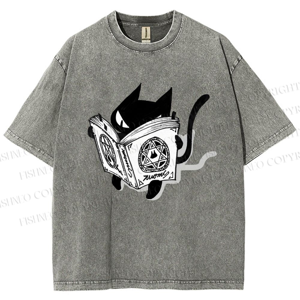Unisex Reading Cat Printed Washed Tee