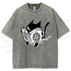 Unisex Reading Cat Printed Washed Tee