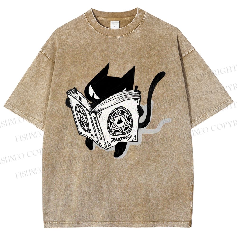 Unisex Reading Cat Printed Washed Tee