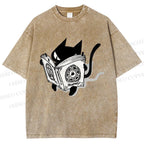 Unisex Reading Cat Printed Washed Tee