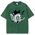 Unisex Reading Cat Printed Washed Tee
