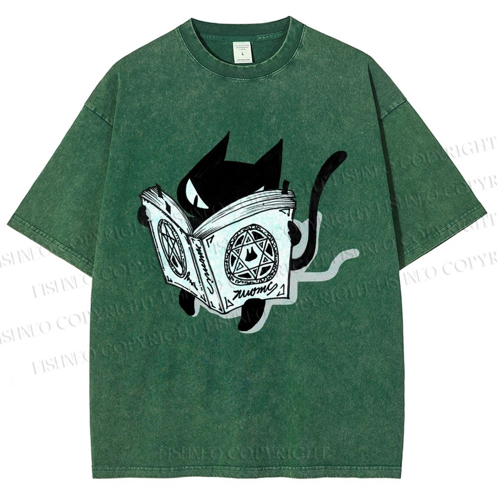 Unisex Reading Cat Printed Washed Tee
