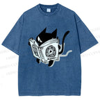 Unisex Reading Cat Printed Washed Tee