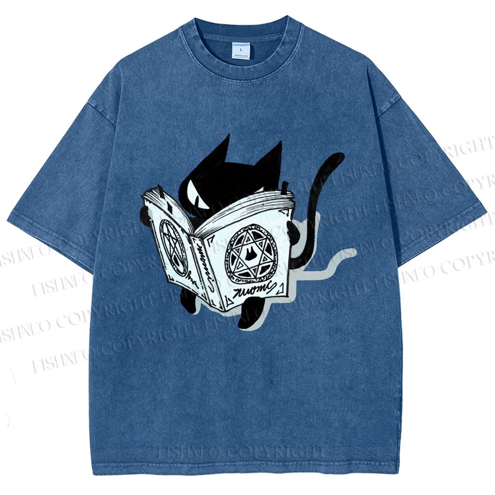 Unisex Reading Cat Printed Washed Tee