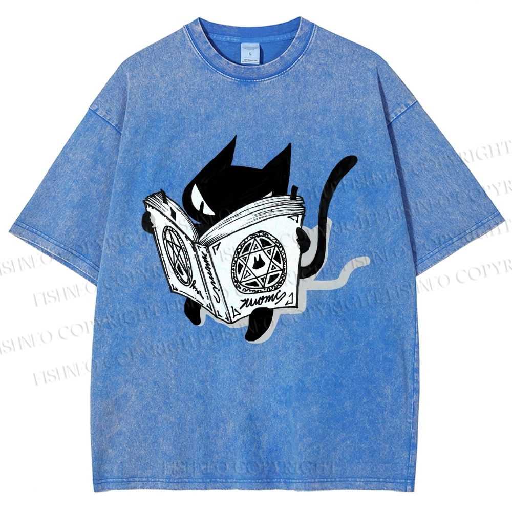 Unisex Reading Cat Printed Washed Tee