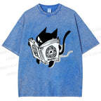 Unisex Reading Cat Printed Washed Tee