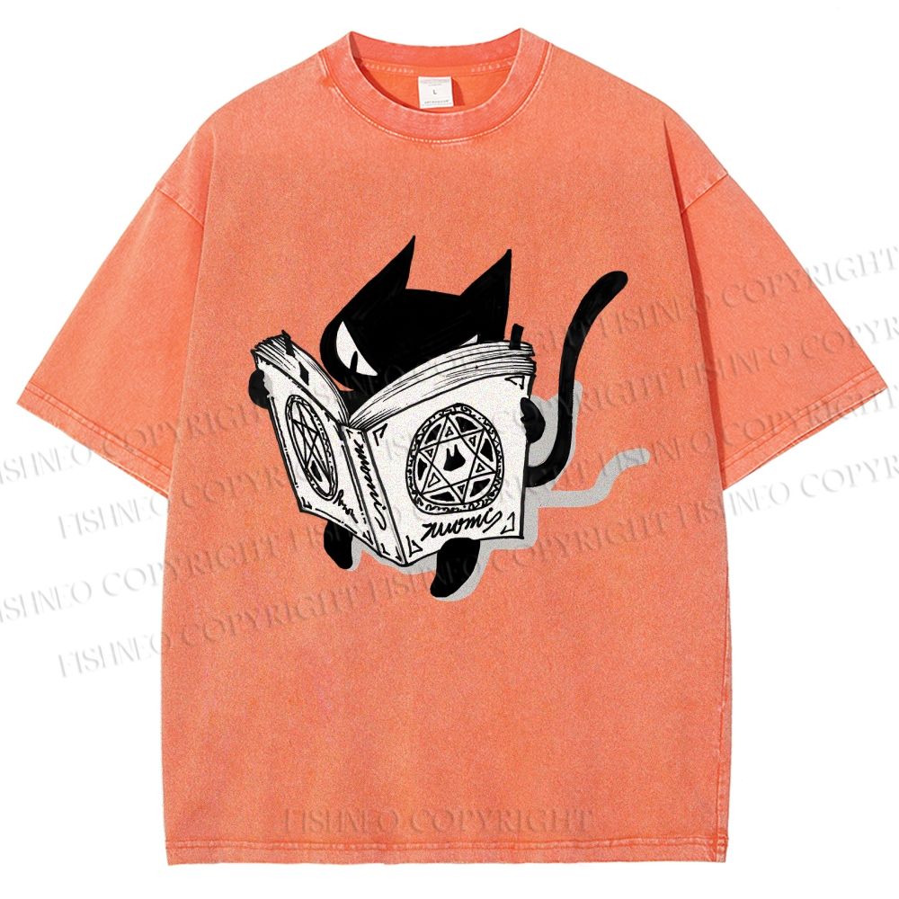 Unisex Reading Cat Printed Washed Tee
