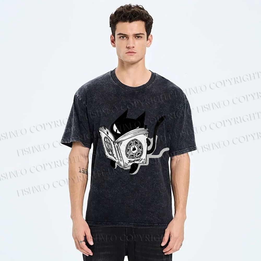 Unisex Reading Cat Printed Washed Tee
