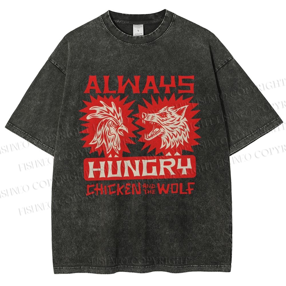 Unisex Chicken And Wolf Printed Washed Tee
