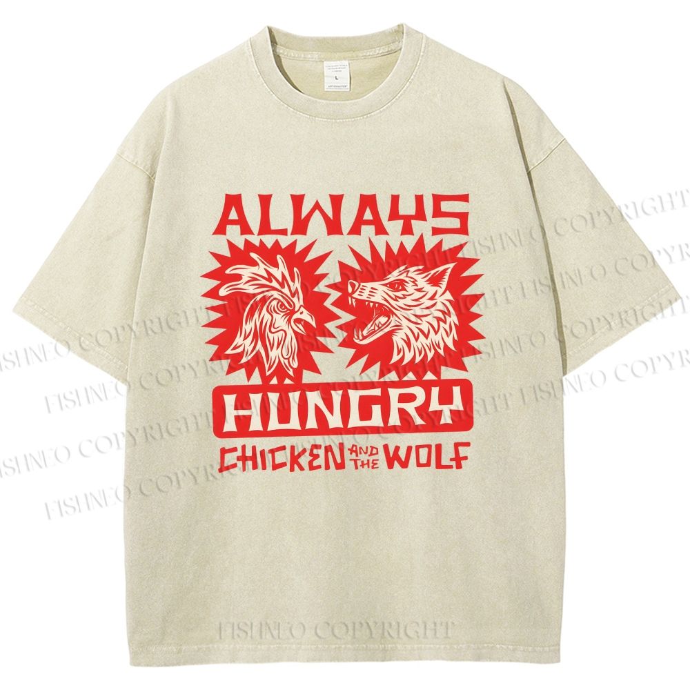 Unisex Chicken And Wolf Printed Washed Tee