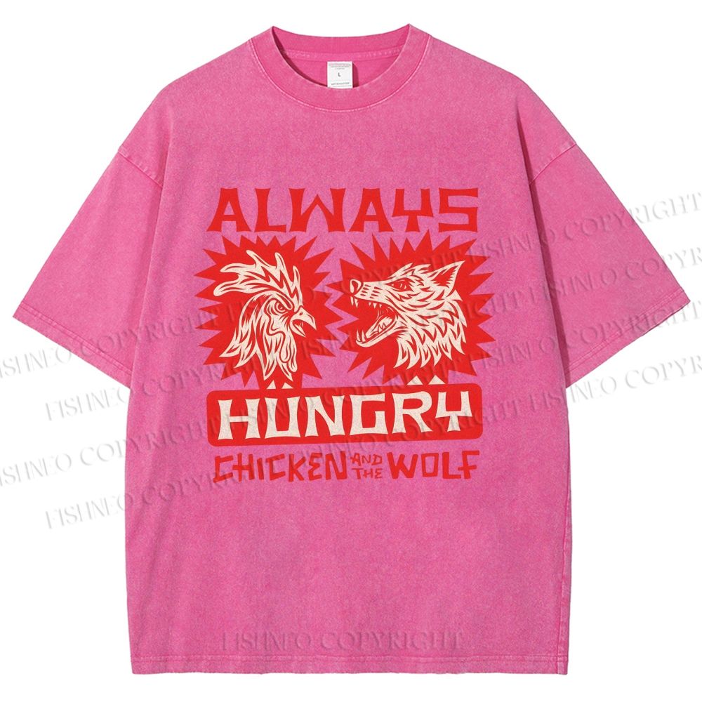 Unisex Chicken And Wolf Printed Washed Tee
