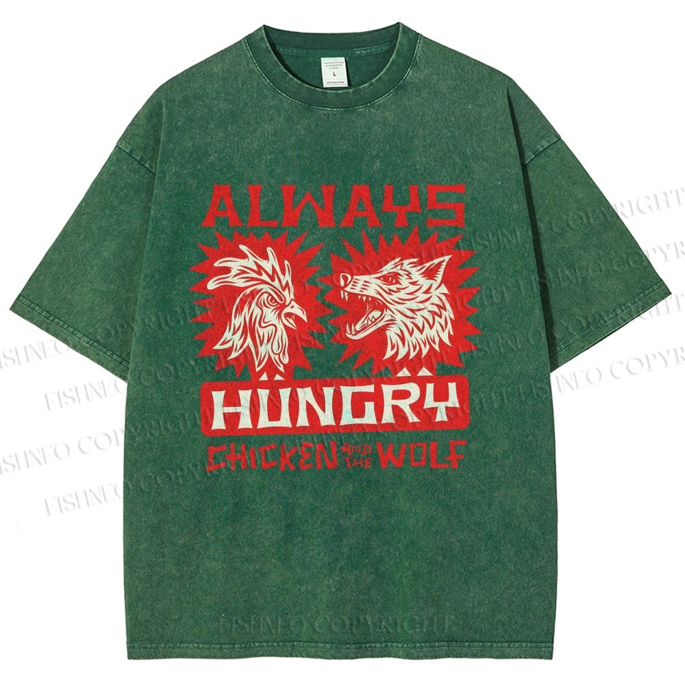 Unisex Chicken And Wolf Printed Washed Tee