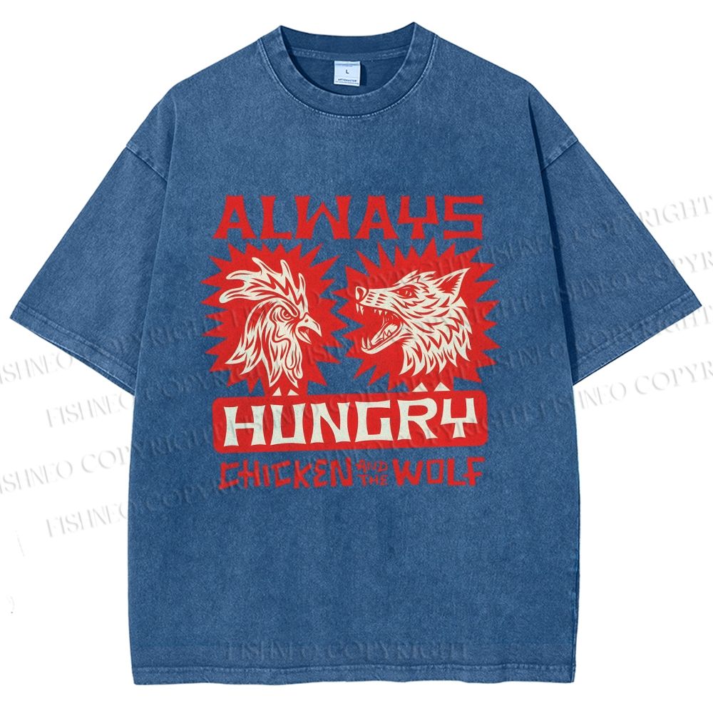 Unisex Chicken And Wolf Printed Washed Tee