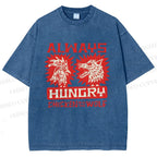 Unisex Chicken And Wolf Printed Washed Tee