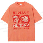 Unisex Chicken And Wolf Printed Washed Tee