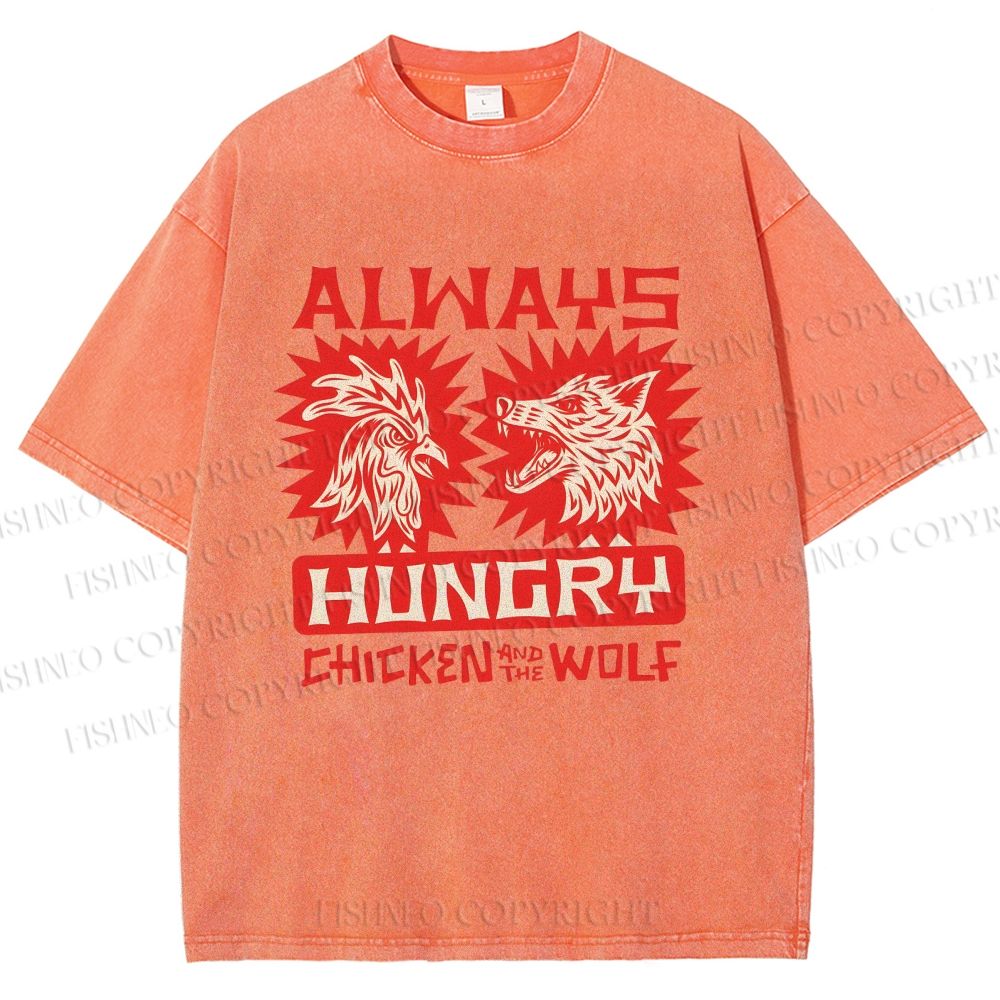 Unisex Chicken And Wolf Printed Washed Tee