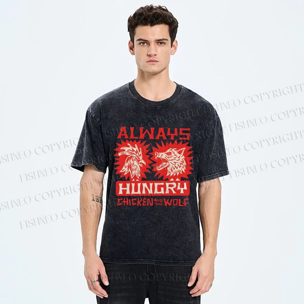 Unisex Chicken And Wolf Printed Washed Tee