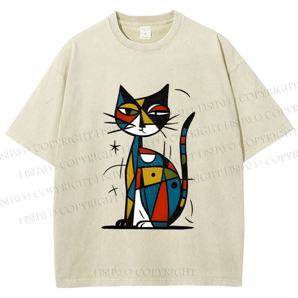Unisex Art Cat Printed Washed Tee