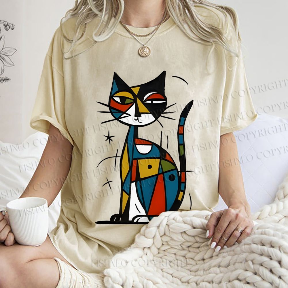 Unisex Art Cat Printed Washed Tee