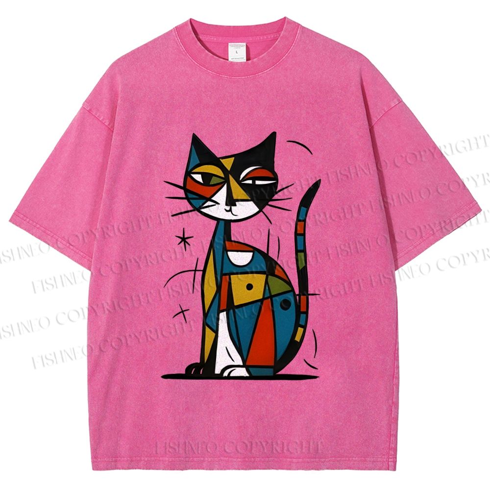 Unisex Art Cat Printed Washed Tee