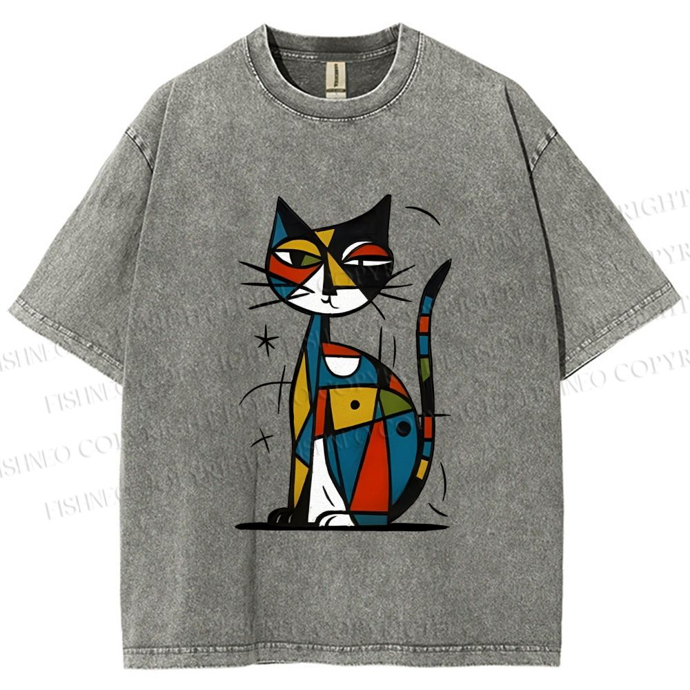 Unisex Art Cat Printed Washed Tee