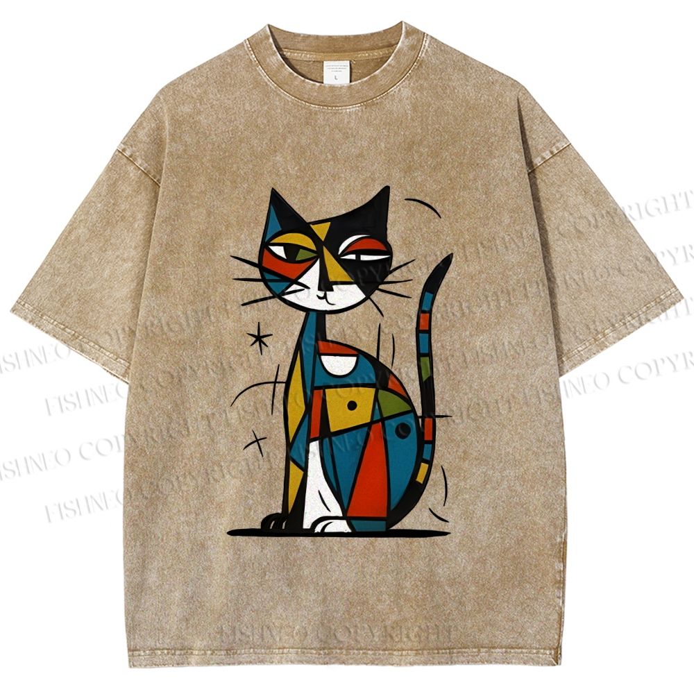 Unisex Art Cat Printed Washed Tee