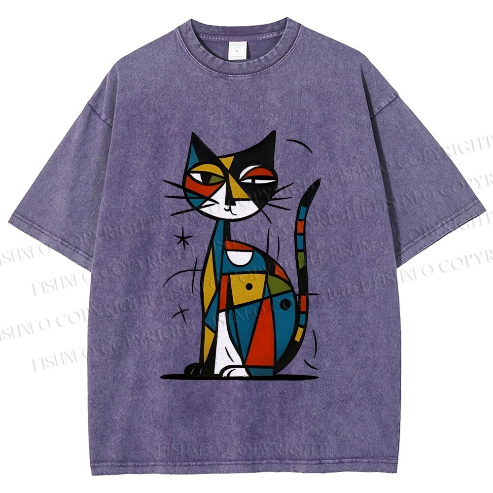 Unisex Art Cat Printed Washed Tee