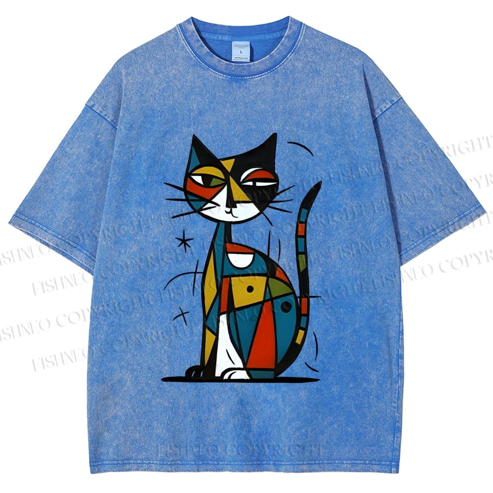 Unisex Art Cat Printed Washed Tee