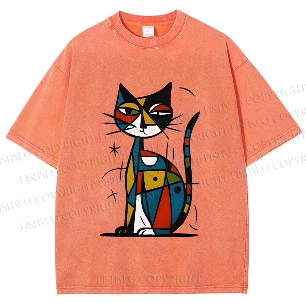 Unisex Art Cat Printed Washed Tee