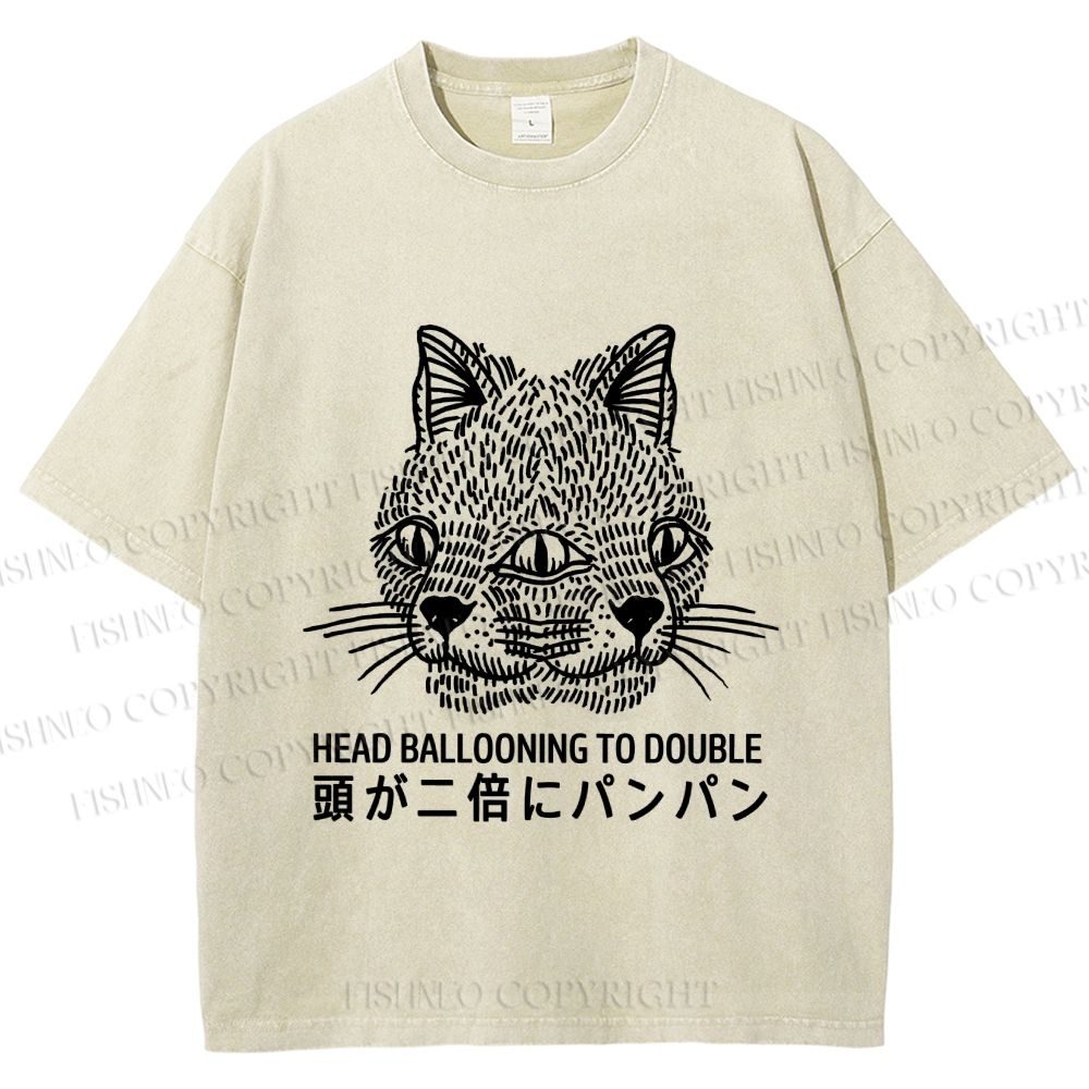 Unisex Japanese Head Ballooning To Double Cat Printed Washed Tee