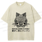 Unisex Japanese Head Ballooning To Double Cat Printed Washed Tee