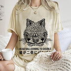 Unisex Japanese Head Ballooning To Double Cat Printed Washed Tee