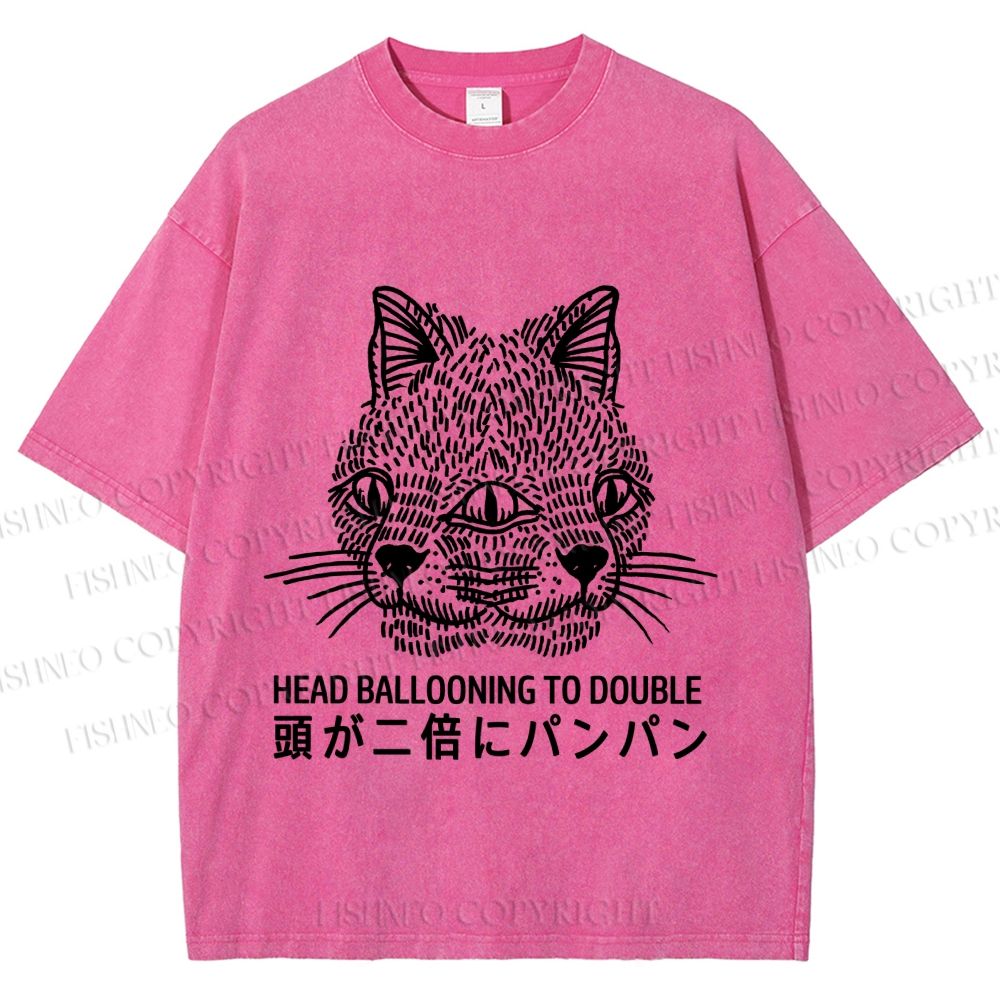Unisex Japanese Head Ballooning To Double Cat Printed Washed Tee