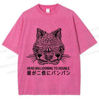 Unisex Japanese Head Ballooning To Double Cat Printed Washed Tee