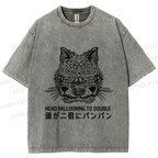 Unisex Japanese Head Ballooning To Double Cat Printed Washed Tee