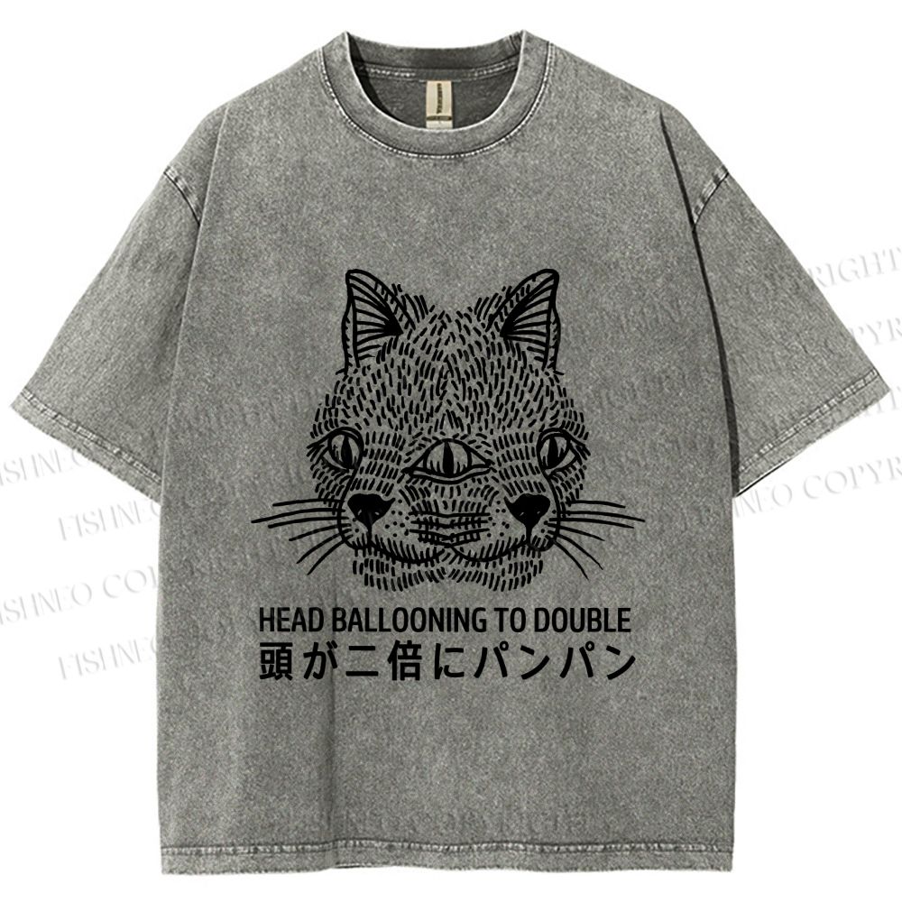 Unisex Japanese Head Ballooning To Double Cat Printed Washed Tee