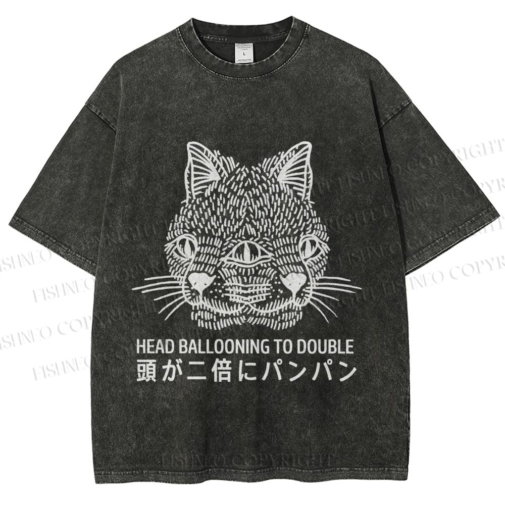 Unisex Japanese Head Ballooning To Double Cat Printed Washed Tee