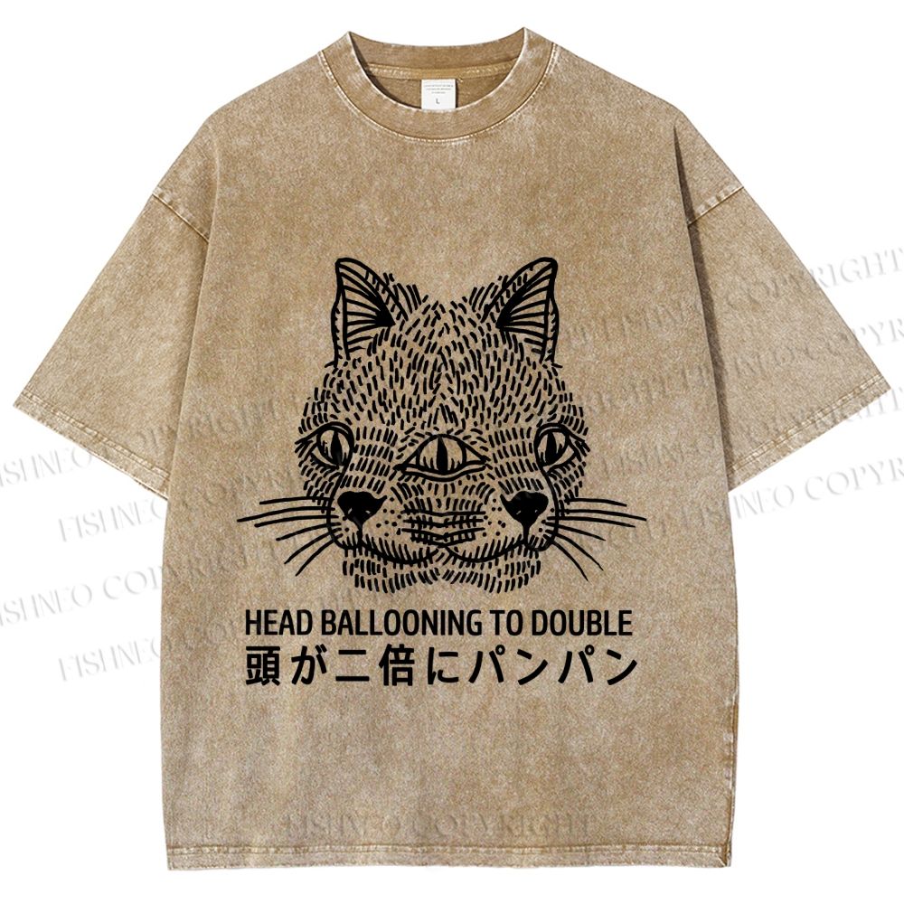 Unisex Japanese Head Ballooning To Double Cat Printed Washed Tee