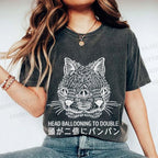 Unisex Japanese Head Ballooning To Double Cat Printed Washed Tee