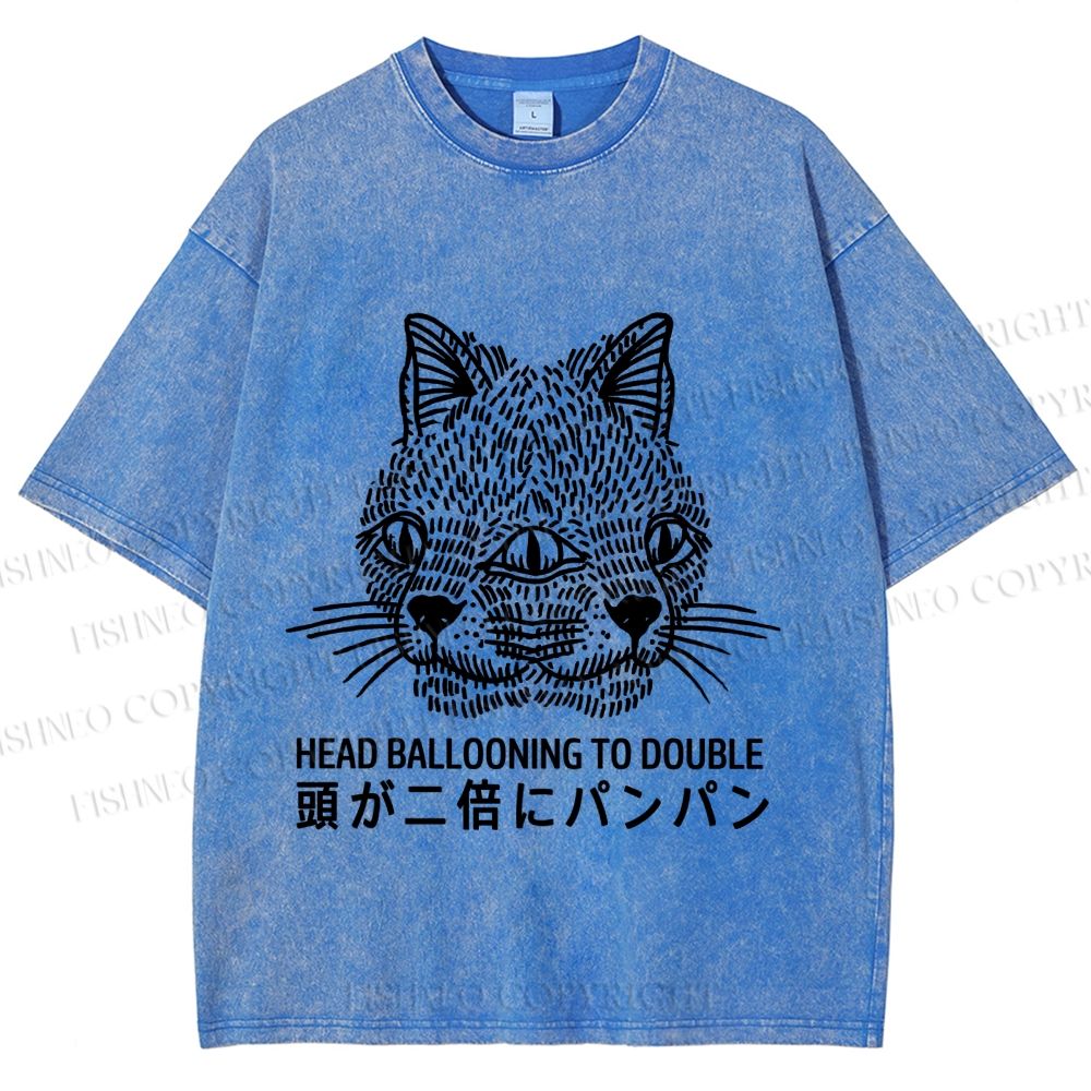 Unisex Japanese Head Ballooning To Double Cat Printed Washed Tee