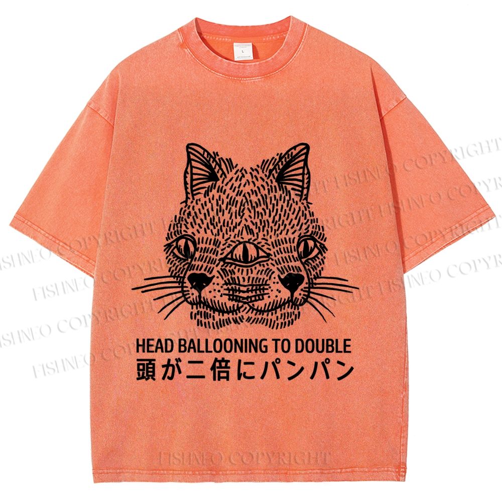 Unisex Japanese Head Ballooning To Double Cat Printed Washed Tee