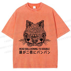 Unisex Japanese Head Ballooning To Double Cat Printed Washed Tee