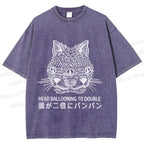 Unisex Japanese Head Ballooning To Double Cat Printed Washed Tee